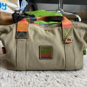 Dooney & Bourke Tan and Green Duffel Bag with Leather Accents